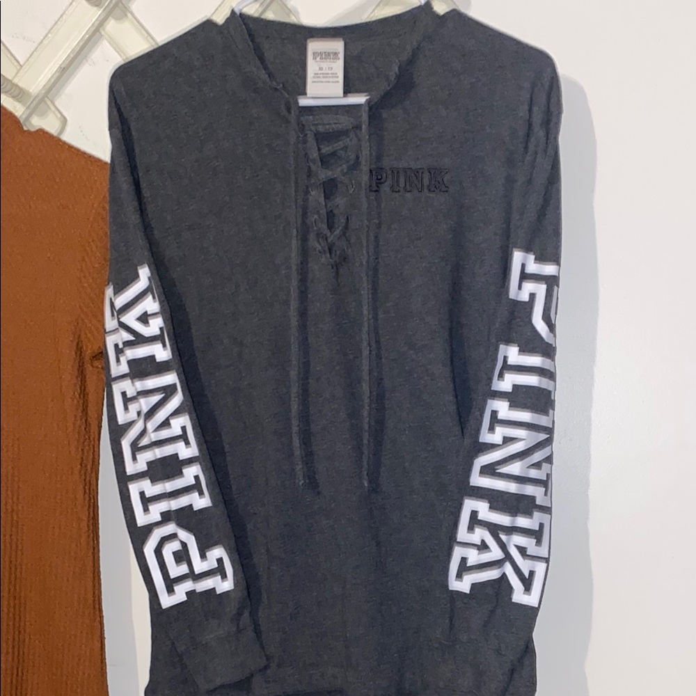 PINK Victoria's Secret Gray Lace-Up Top